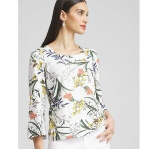 Chicos Floral Square Neck Bell Sleeve Top Cotton Modal Large Coastal Lightweight